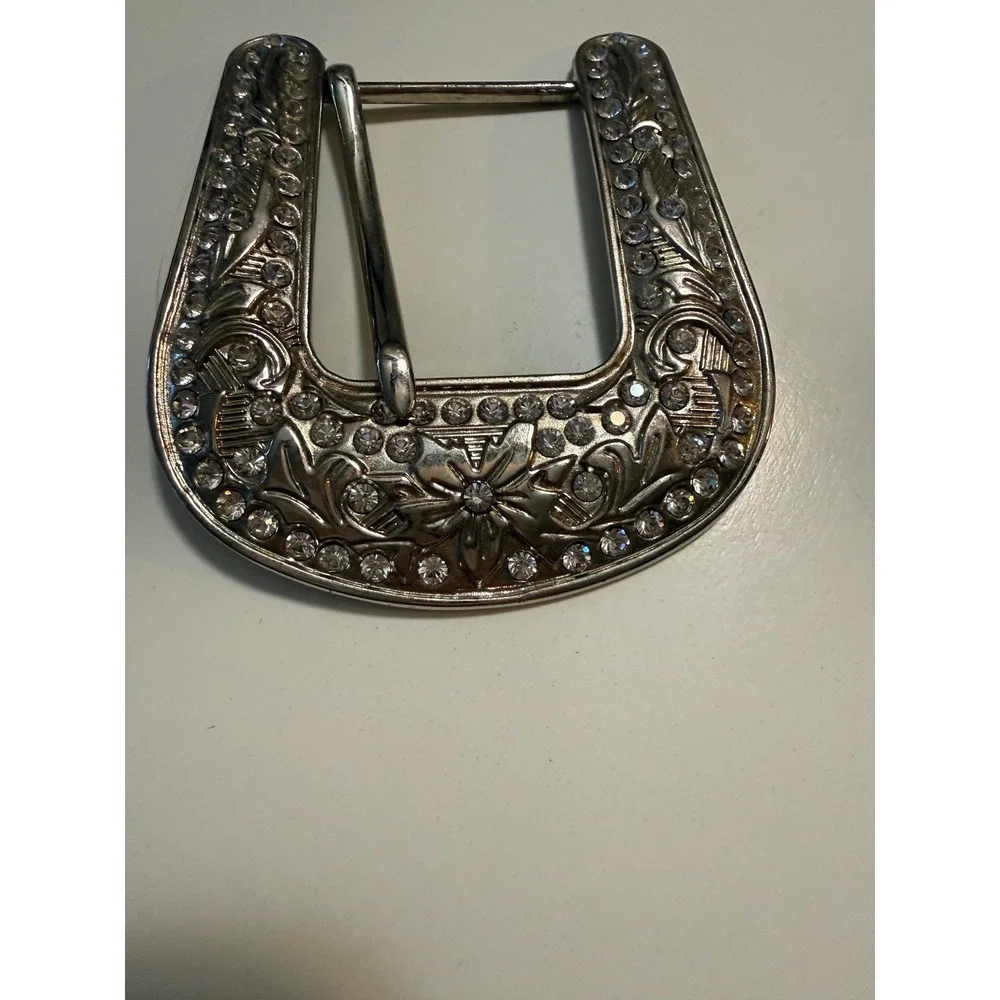 Western Silver Floral Engraved Rhinestone Belt Buckle and Keeper Set Replacement